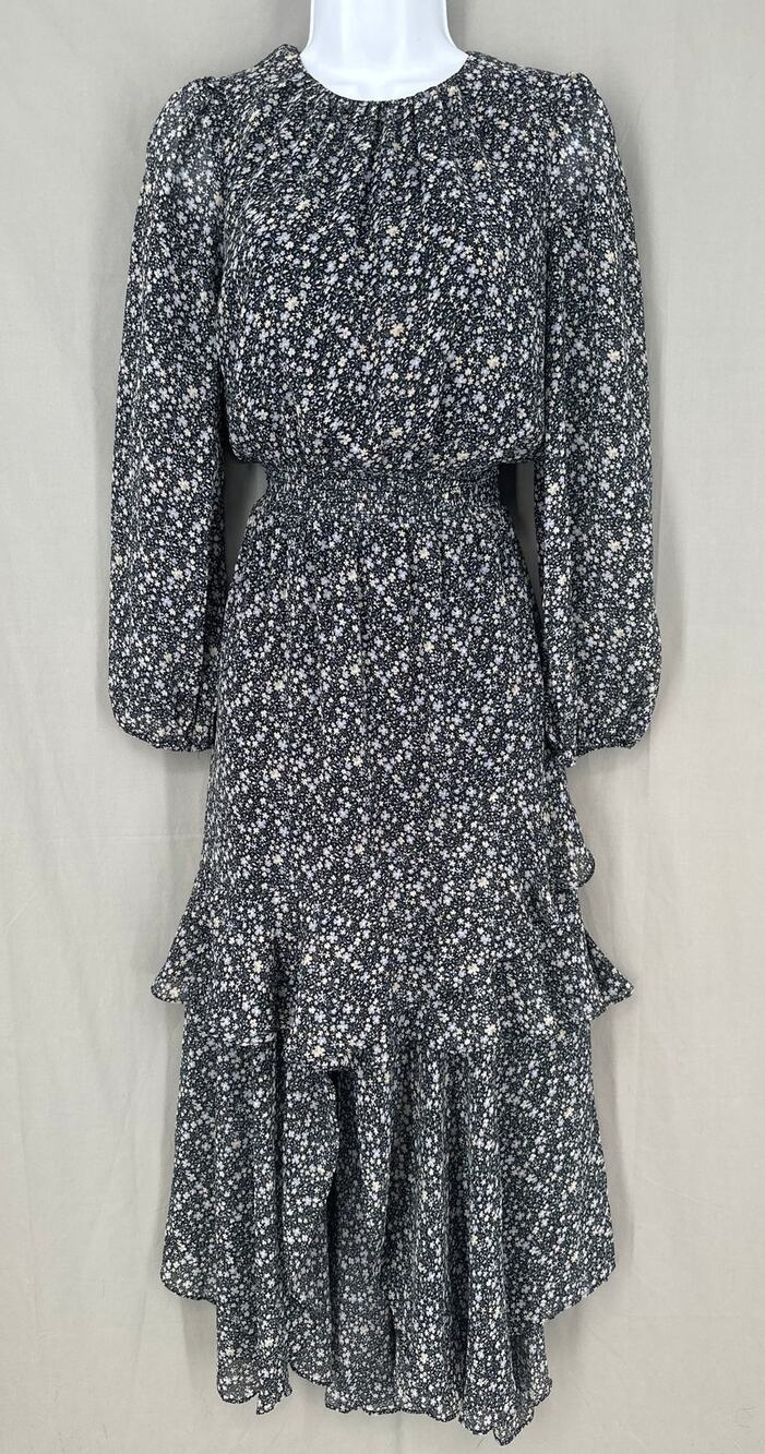 Lush Dress Womens Small Black Blue Floral Maxi Ditsy Cottage Tiered Ruffle Boho